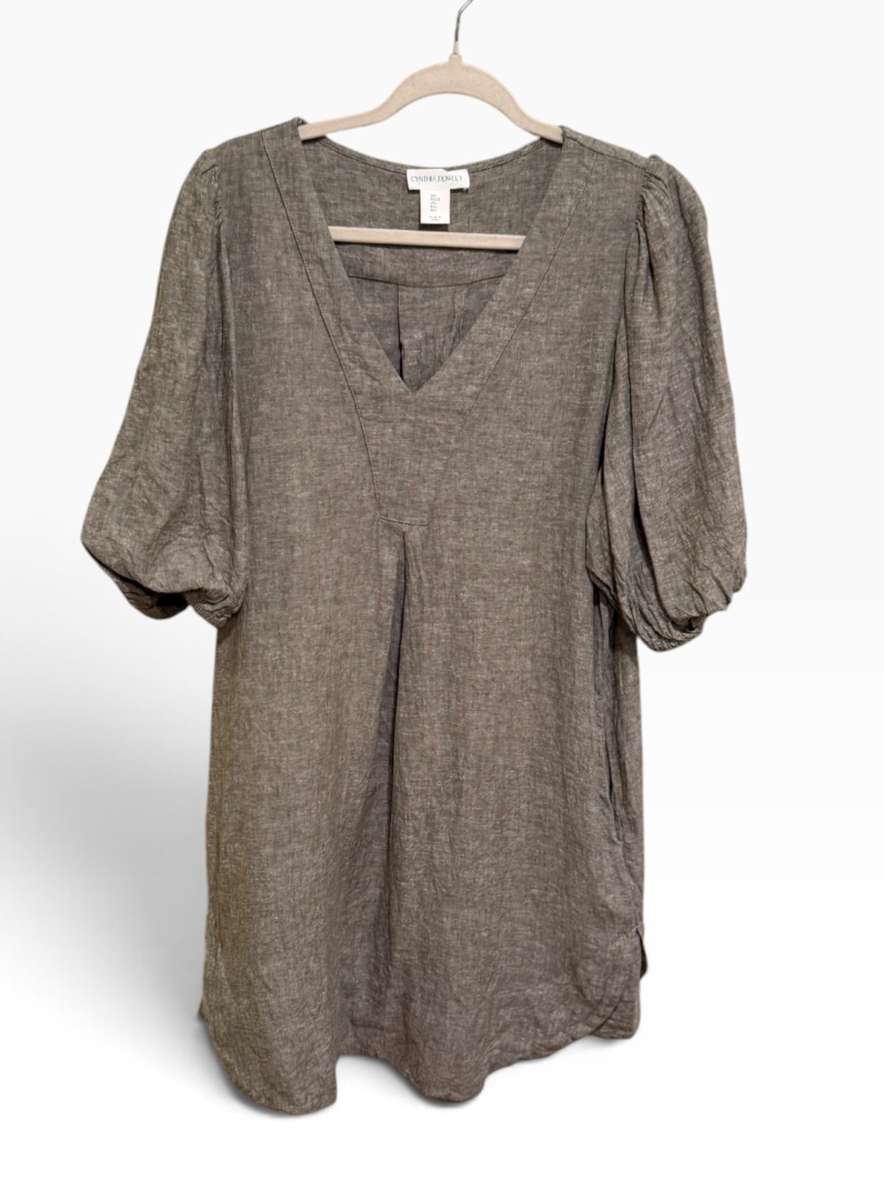Cynthia Rowley Linen Blend V-Neck Puff Sleeve Top Olive Size L